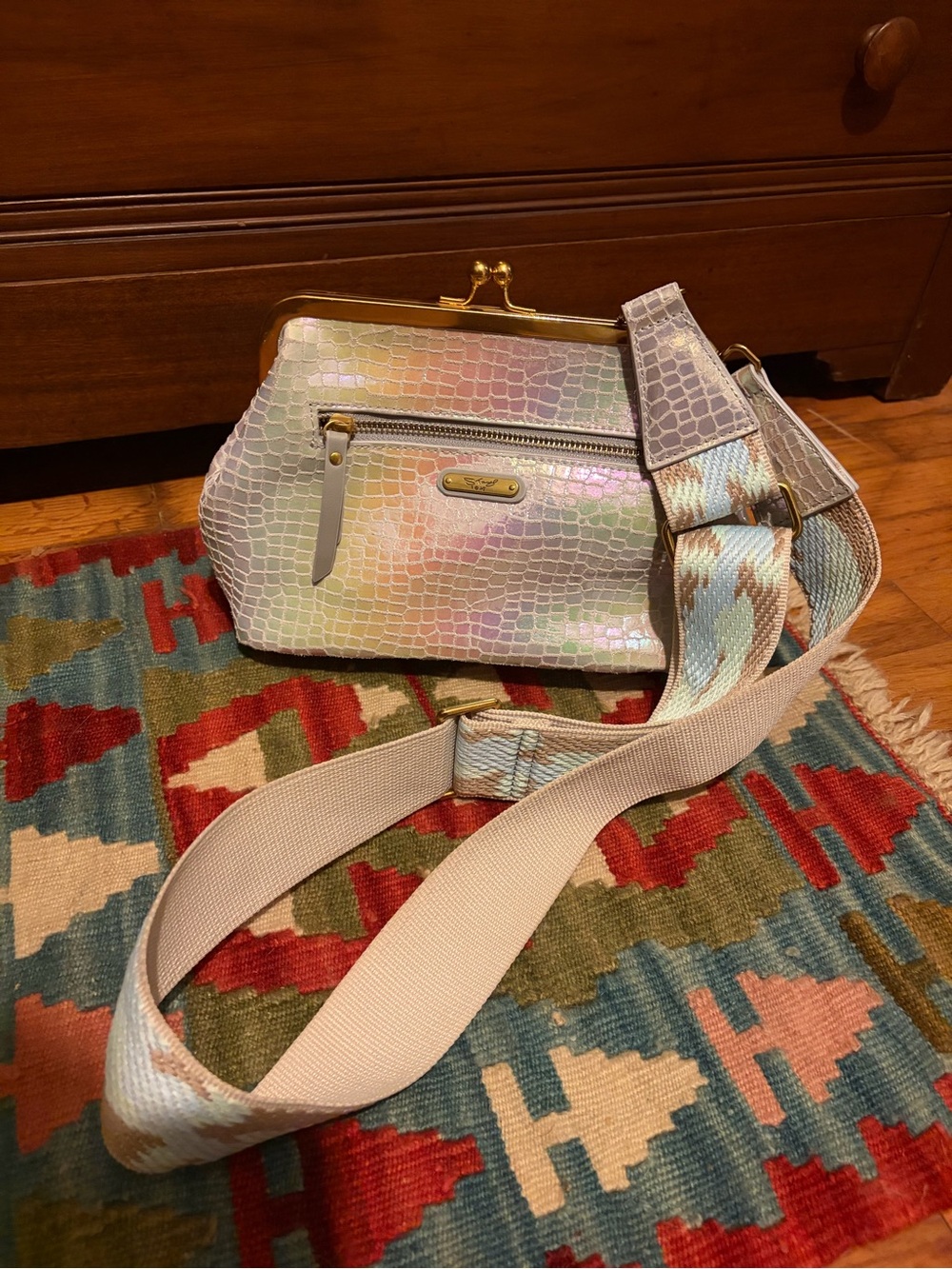 Sharif Iridescent Pastel Croc-Embossed Frame Crossbody Bag